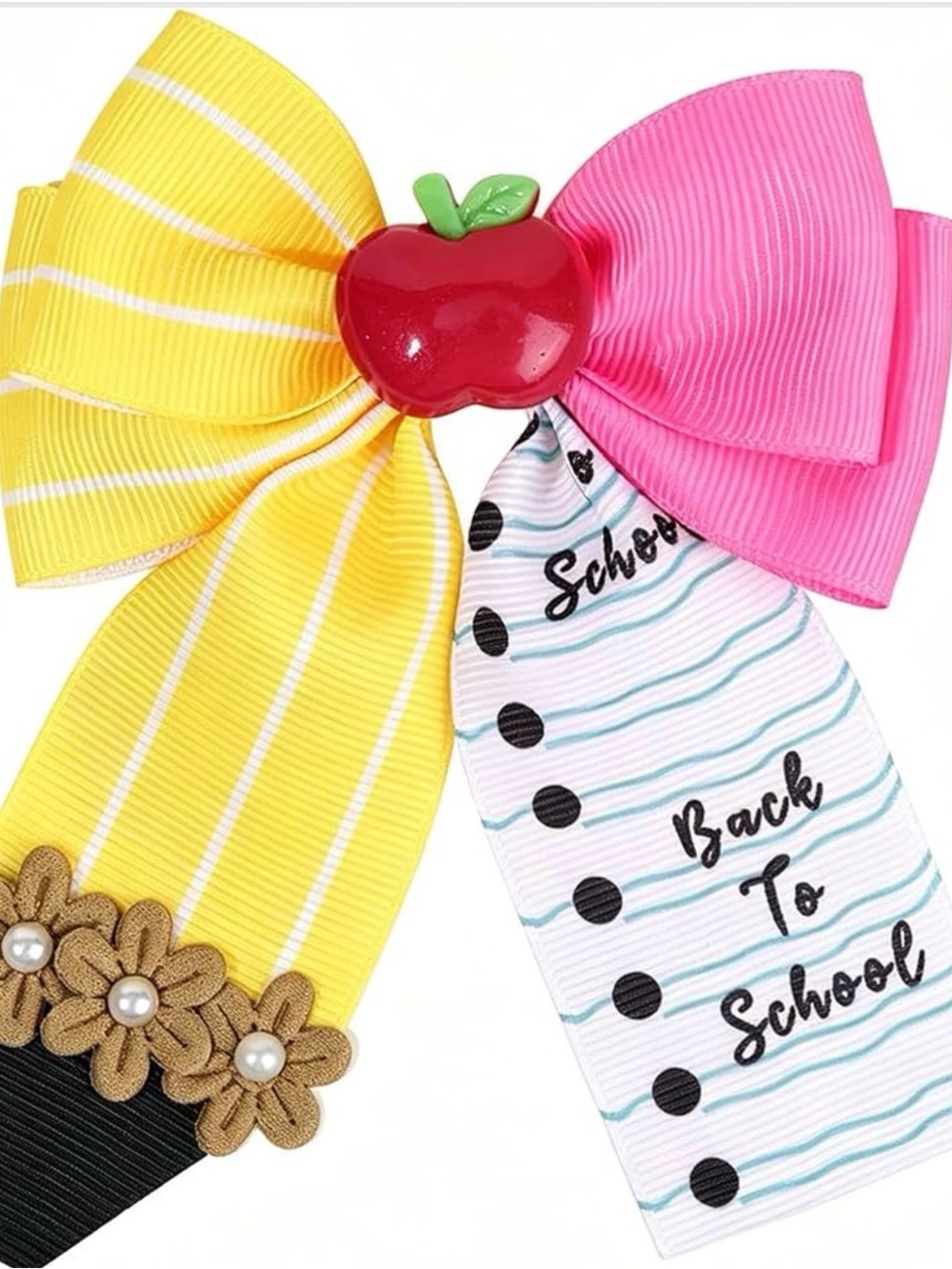 Back to School Pink & Yellow Girls Hair Bow with Apple Accent